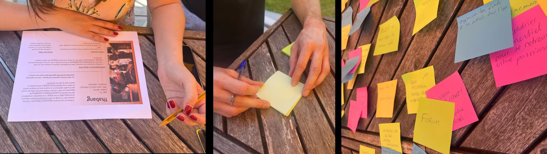 3 photos de l'atelier montrant un des personas, quelqu'un qui rempli un post-it et un pêle mêle de post-its.