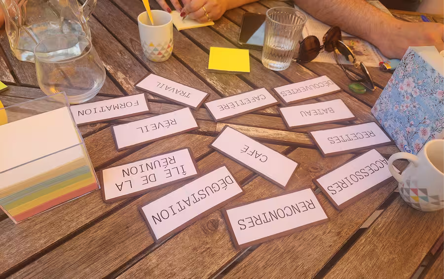 Photo de l'atelier réprésentant les différentes catégories suggérées par l'organisatrice pour guider les participants