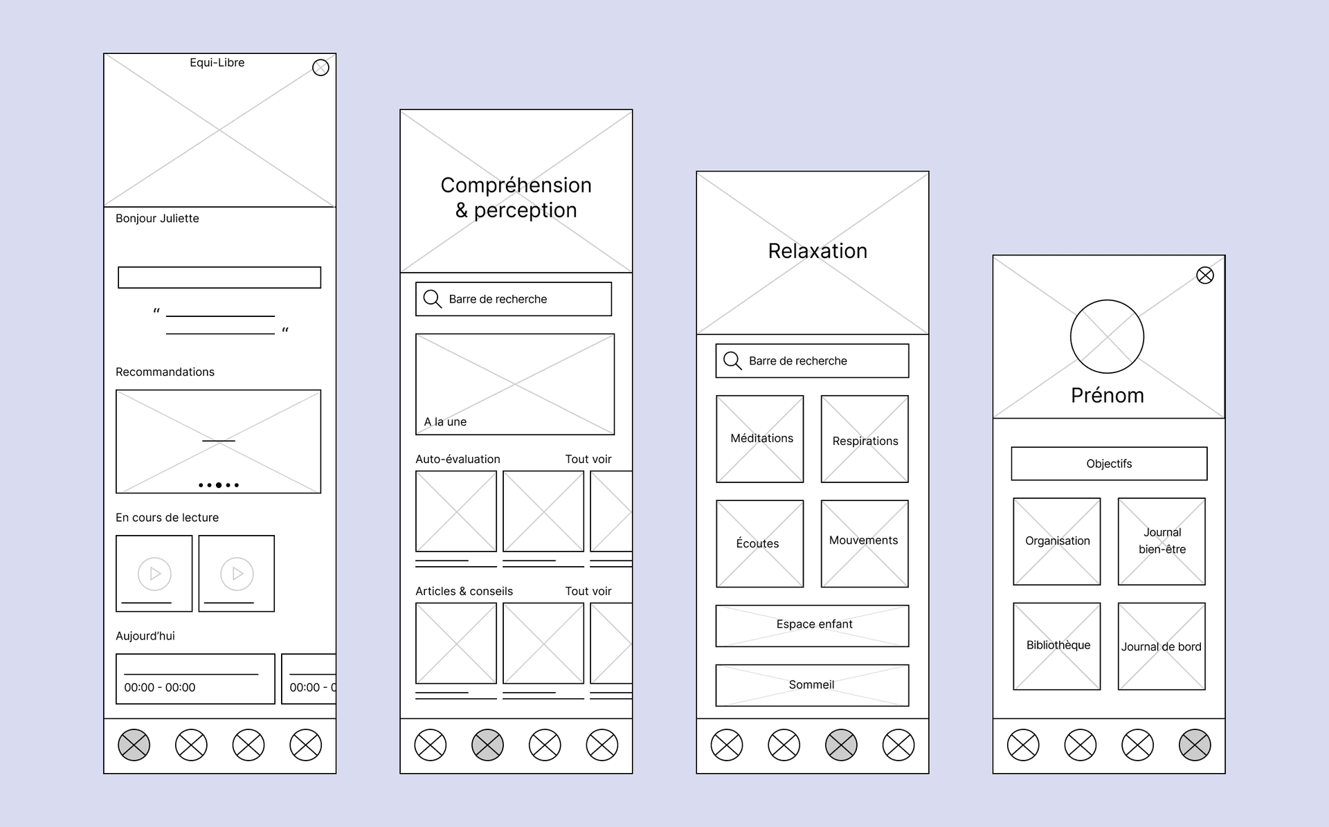 Wireframes de l'application équilibre.